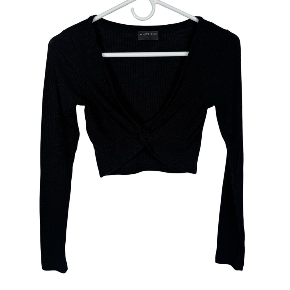 White Fox Black Ribbed Twist Front Long Sleeve V-Neck Crop Top, Size S